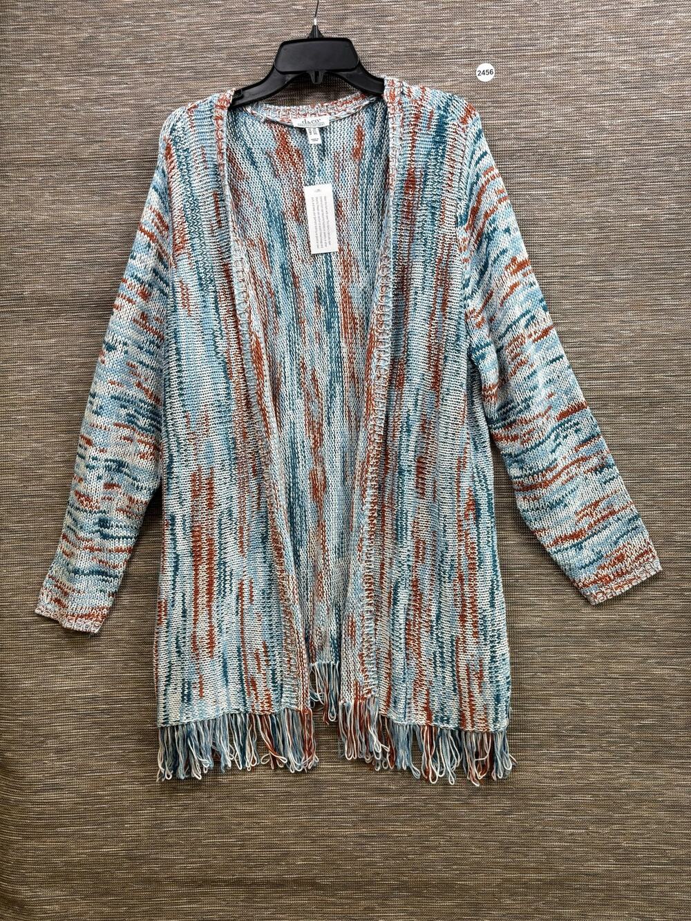D&Co. Cardigan Sweater Womens 2X Multicolor Stripe Fringe Open Knit Long Sleeve